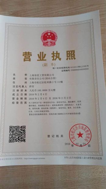 Chiny Shanghai Rong Xing Industry &amp; Trade Co. Ltd. Certyfikaty